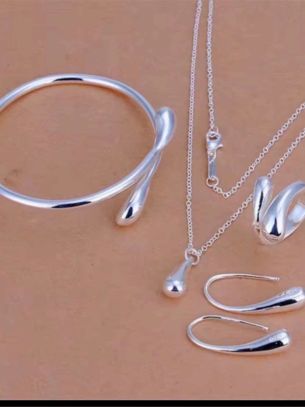 925 Sterling Silver Water Drop Bracelet, Ring, Earring & Necklace Set NEW